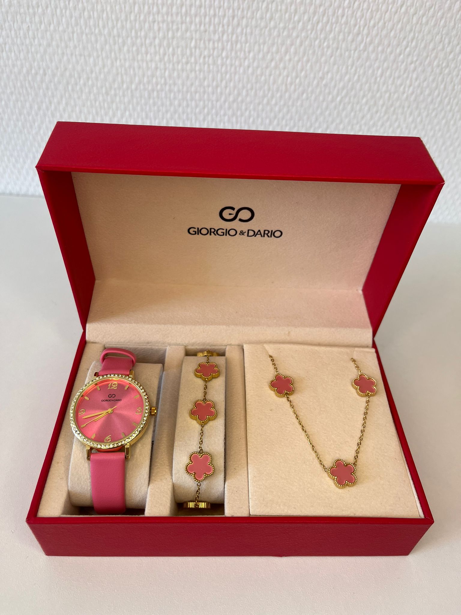 Conjunto de reloj para mujer con pulsera y collar de acero inoxidable rosa y dorado