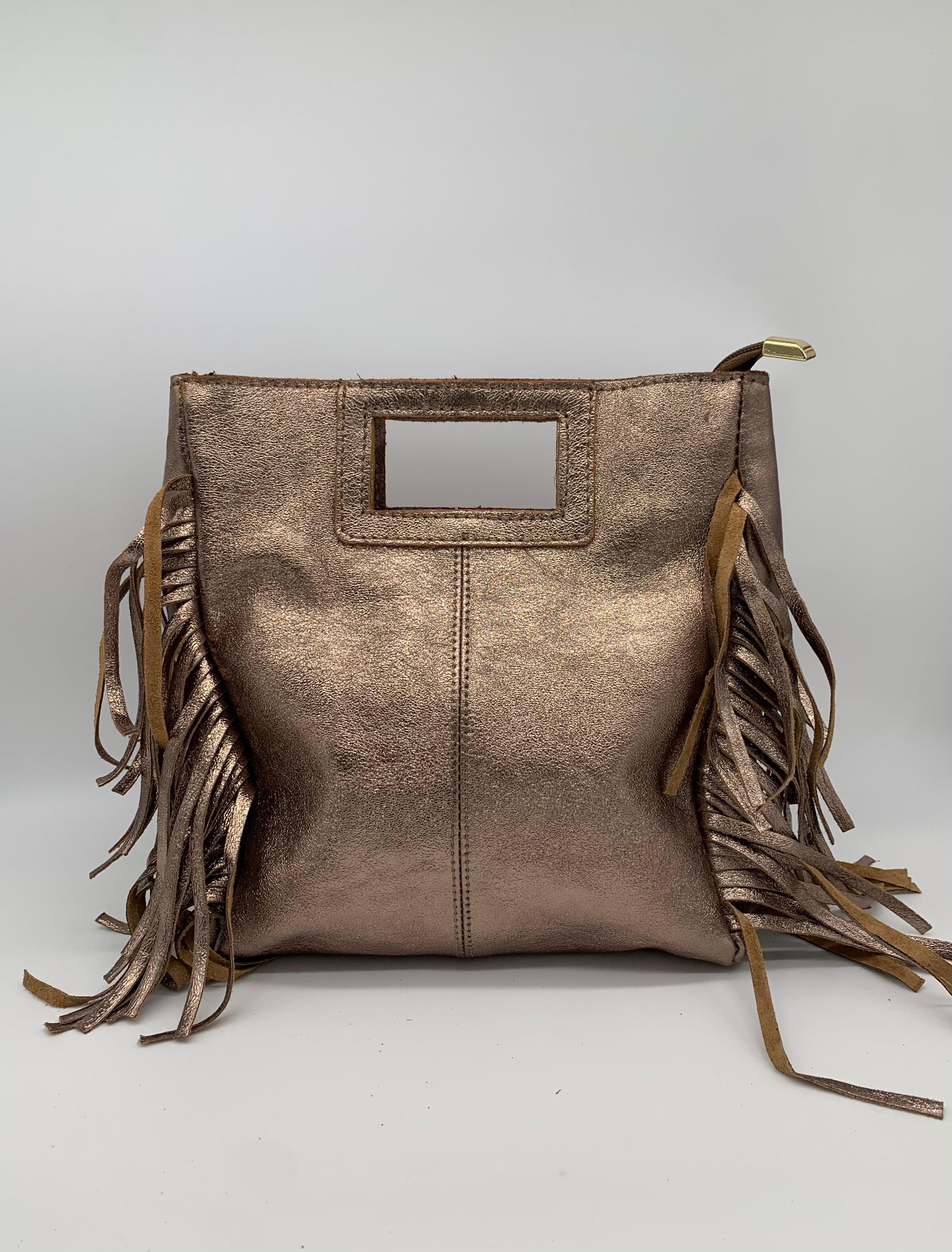 Sac en Cuir - MAGGY avec anse, frange et bandoulière