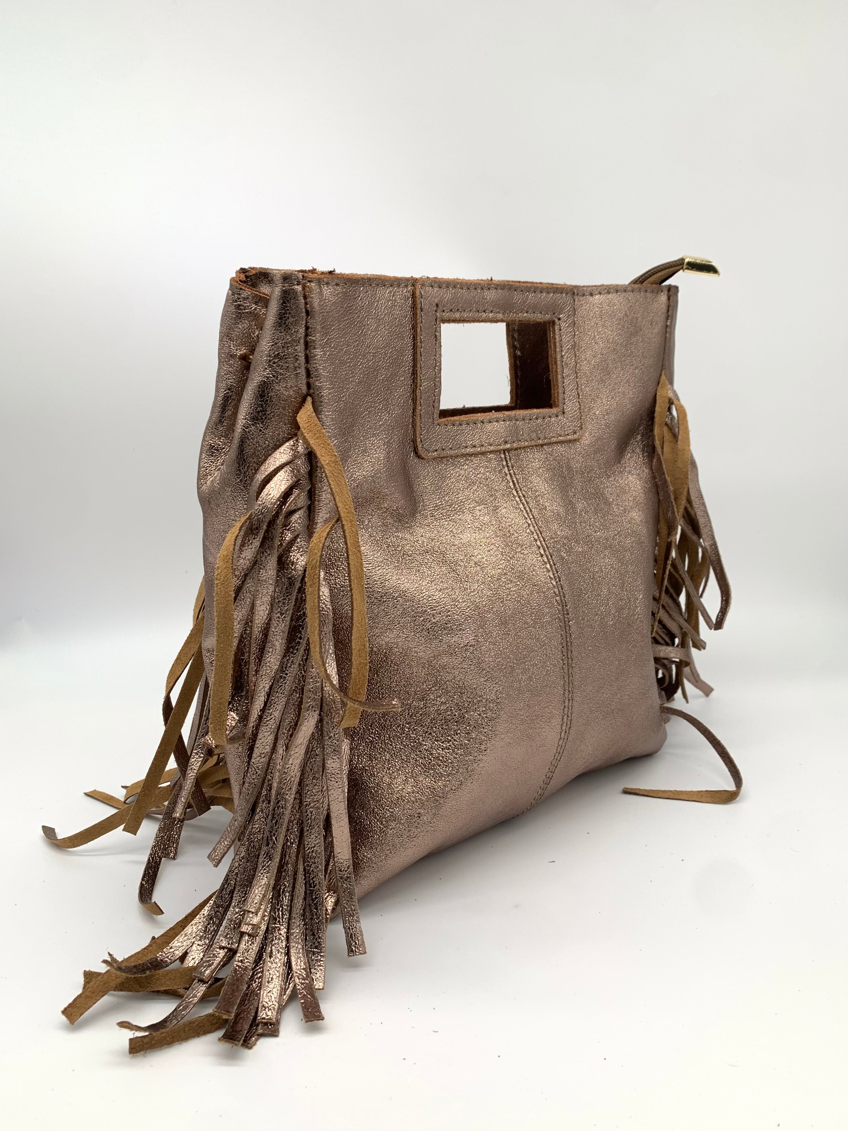 Sac en Cuir - MAGGY avec anse, frange et bandoulière