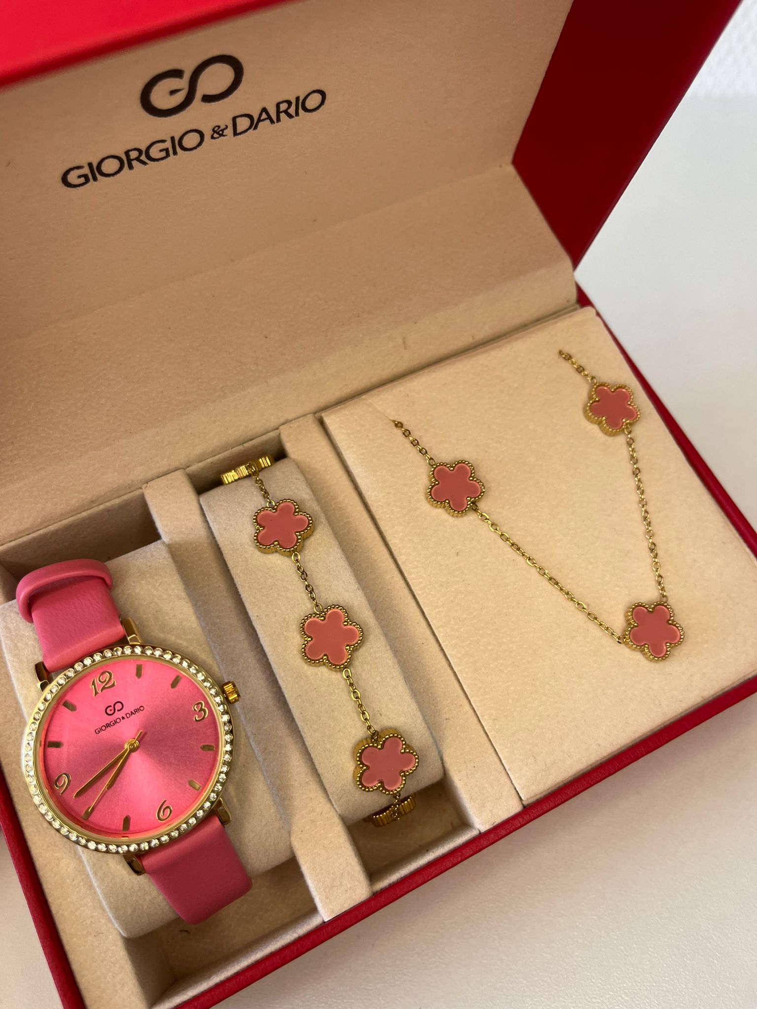 Conjunto de reloj para mujer con pulsera y collar de acero inoxidable rosa y dorado