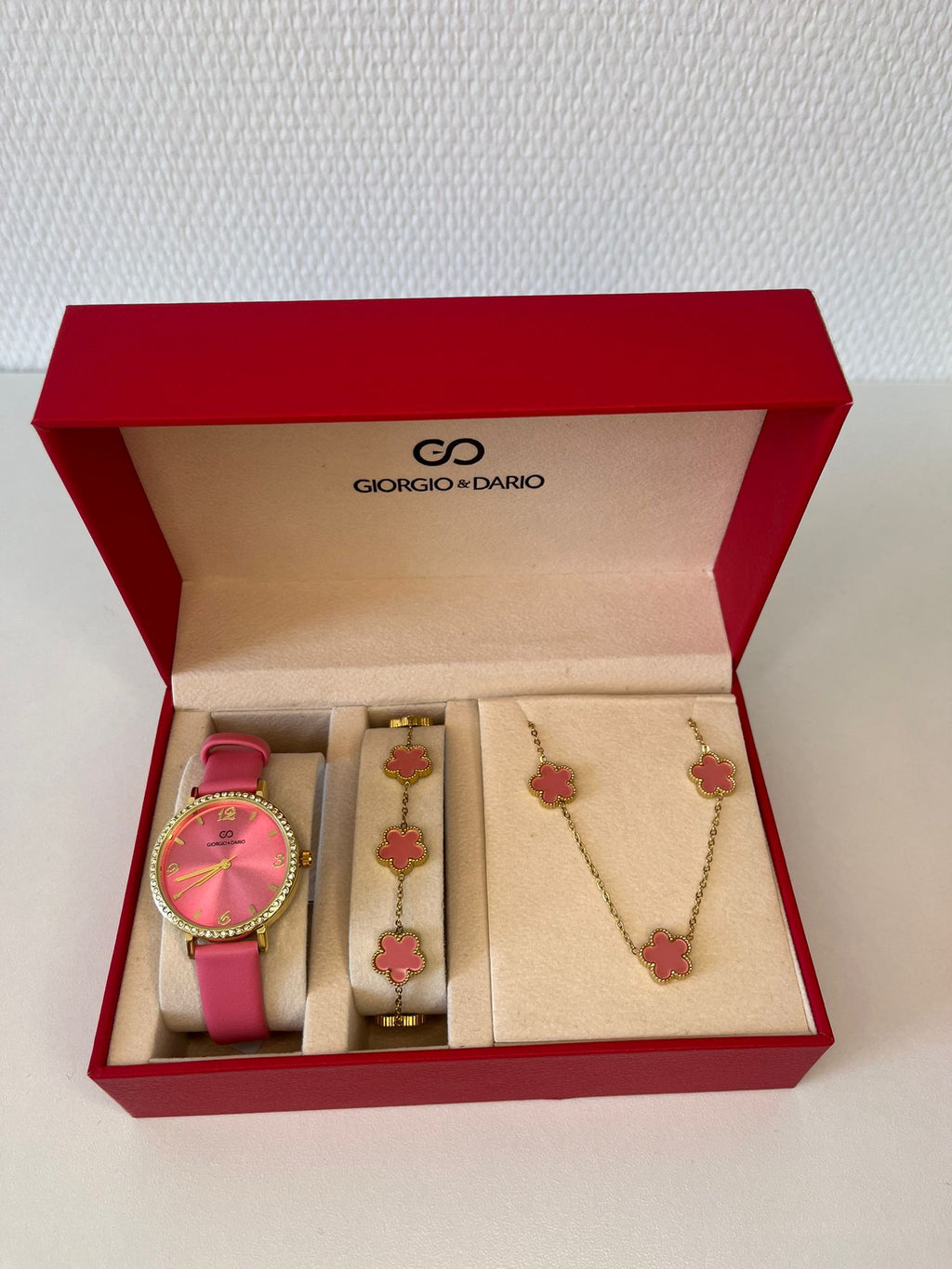 Conjunto de reloj para mujer con pulsera y collar de acero inoxidable rosa y dorado