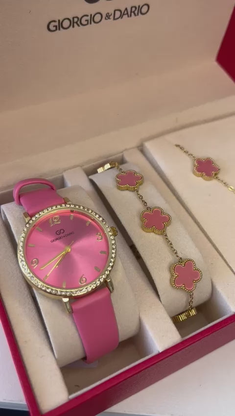 Conjunto de reloj para mujer con pulsera y collar de acero inoxidable rosa y dorado