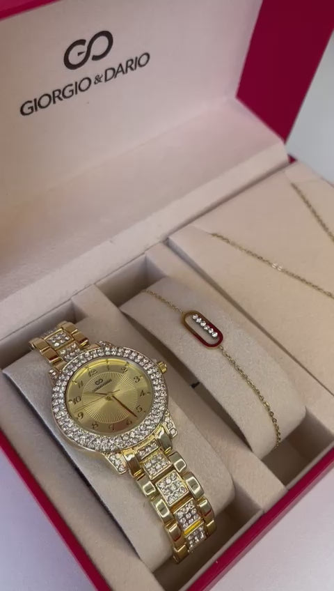 Conjunto de reloj para mujer con pulsera y collar de acero inoxidable dorado