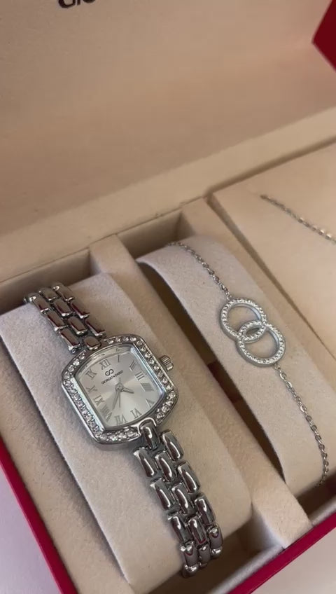 Conjunto de reloj para mujer con pulsera y collar de acero inoxidable plateado
